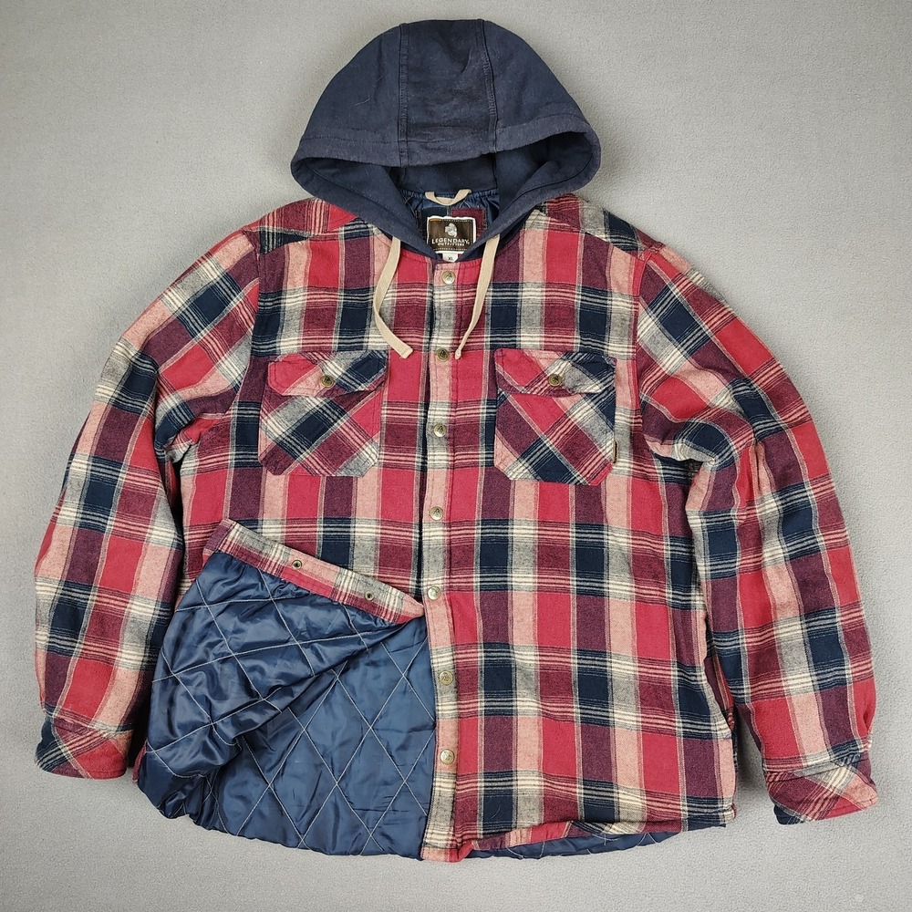 Legendary‎ Outfitters Hooded Flannel Jacket XL Red Quilted Liner Snap Up Grunge